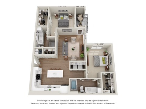 Floor plan for 2 beds, 2 baths, 1222 sqft